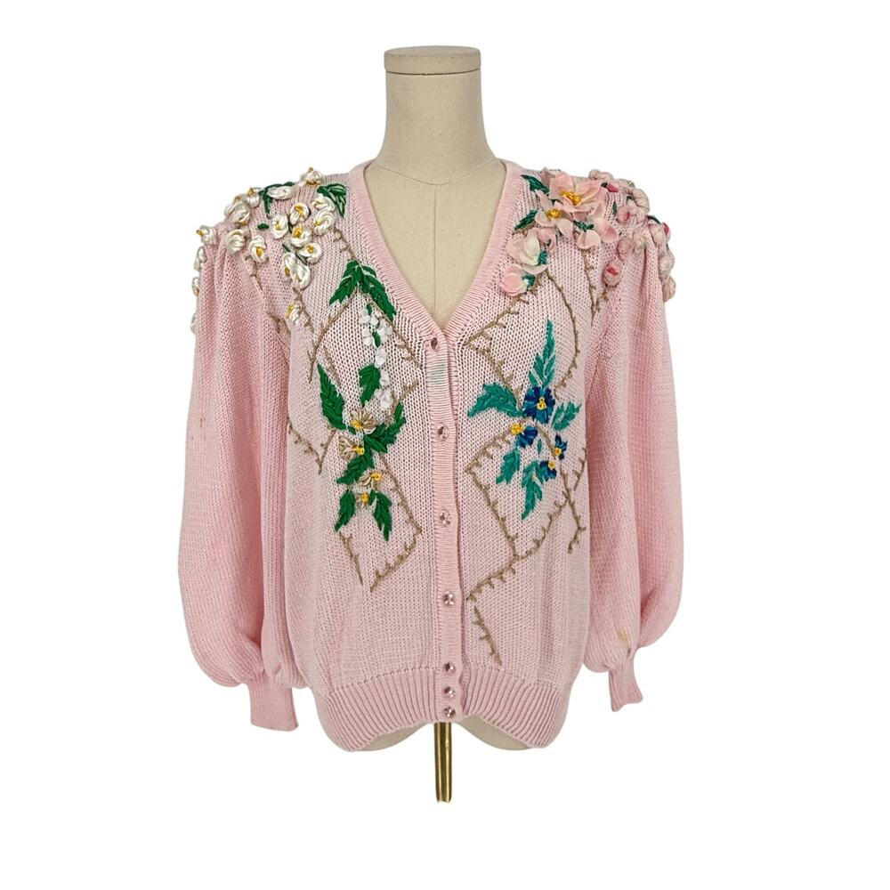 1980s Vintage Floral Hand Embroidered Granny Chunky Cardigan Sweater Pastel Pink